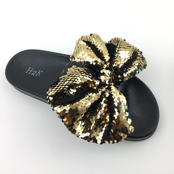 Shoes | Sequin Bow Gold Black Super Comfy Slides | Poshmark